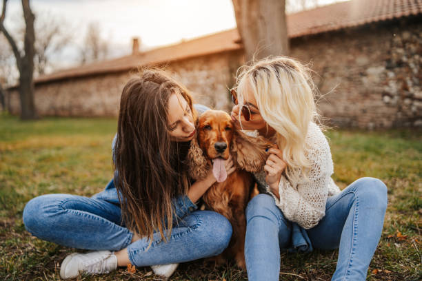 Zwei Frauen mit Cocker Spaniel auf der Wiese